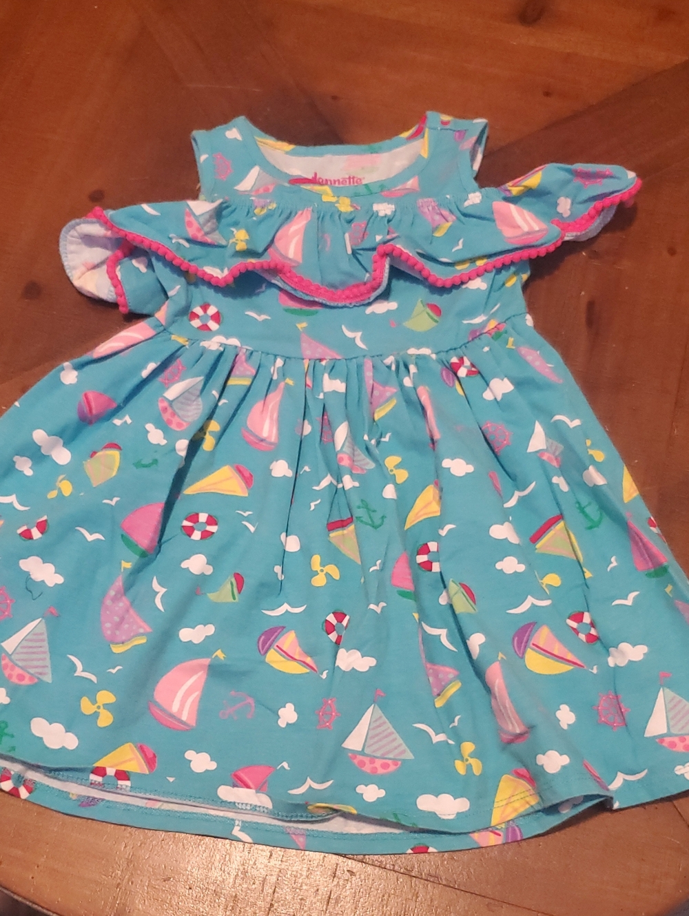 Nannette Turquoise Sailboat Print Dress with Pink Trim